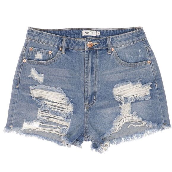 Rue21 High Waist Shorts Size 5 Juniors Distressed Raw Hem Blue Denim Measure W28 - Picture 1 of 7